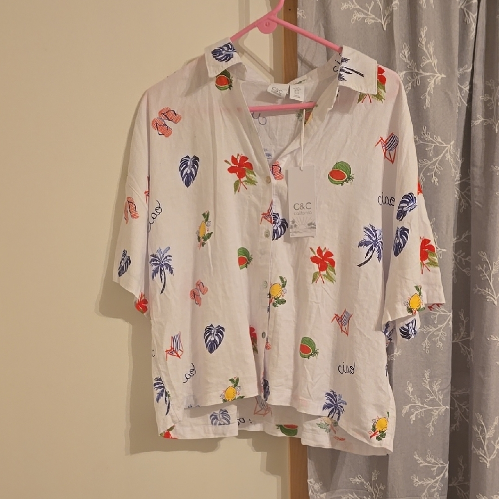 C&C California White Tropical Motif Short-Sleeve Button Shirt